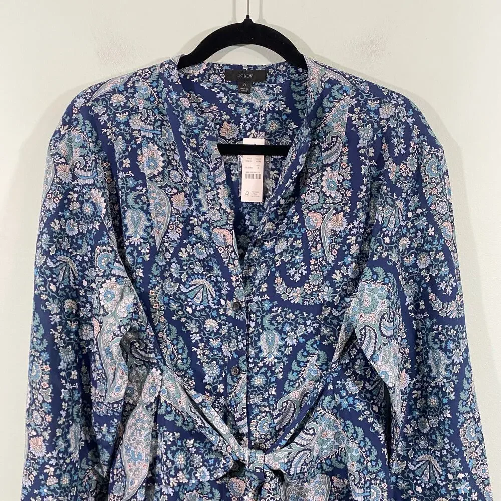 J.Crew Women Blue Paisley Tie-Front 100% Silk Shirt Dress Size 8 NWT #BB642